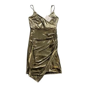 Forever 21 Dress Womens Extra Small Gold Metallic Slip Ruched Bodycon Asymmetric